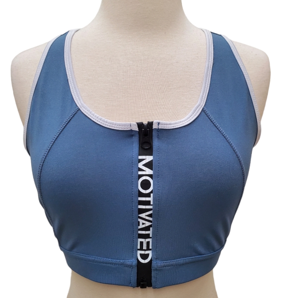 Cali Sport Blue White Zip Front Racerback Motivated Spellout Sports Bra Sz L